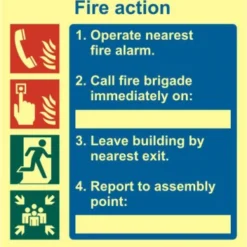 ASEC Fire Action Procedure 200mm X 300mm PVC Self Adhesive Photo Luminescent Sign 1 Per Sheet